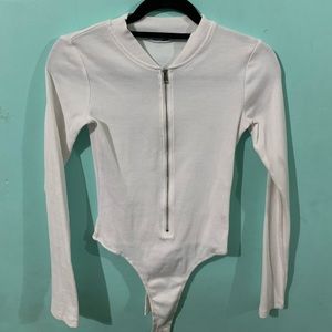 White Zipper Long Sleeve Bodysuit